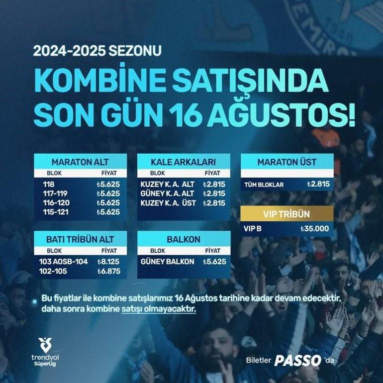 Adana Demirspor'a kombine biletlerinin satışı için son gün belirlendi.